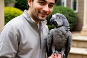 Taking care of African grey parrot.