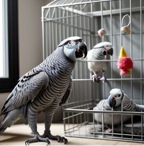 African Grey Parrot in Apartment - A majestic African Grey parrot perched on a stand inside an apartment