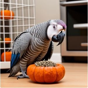 African grey parrot eating pumpkin seeds.