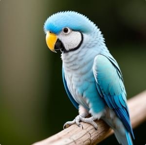 A blue Quaker parrot perching on a branch, undergoing training to talk.