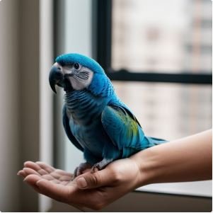 Training Blue Quaker Parrot to Talk - Parrot perched on owner's hand