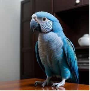 Quaker parrot on the table in apartment.