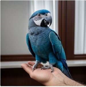 Blue Quaker parrot on owner hand.