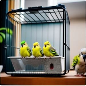  "Budgie in Apartment - A cheerful budgerigar perched on its cage inside a sunny apartment."