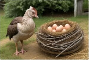Chicken as fowl bird with eggs.