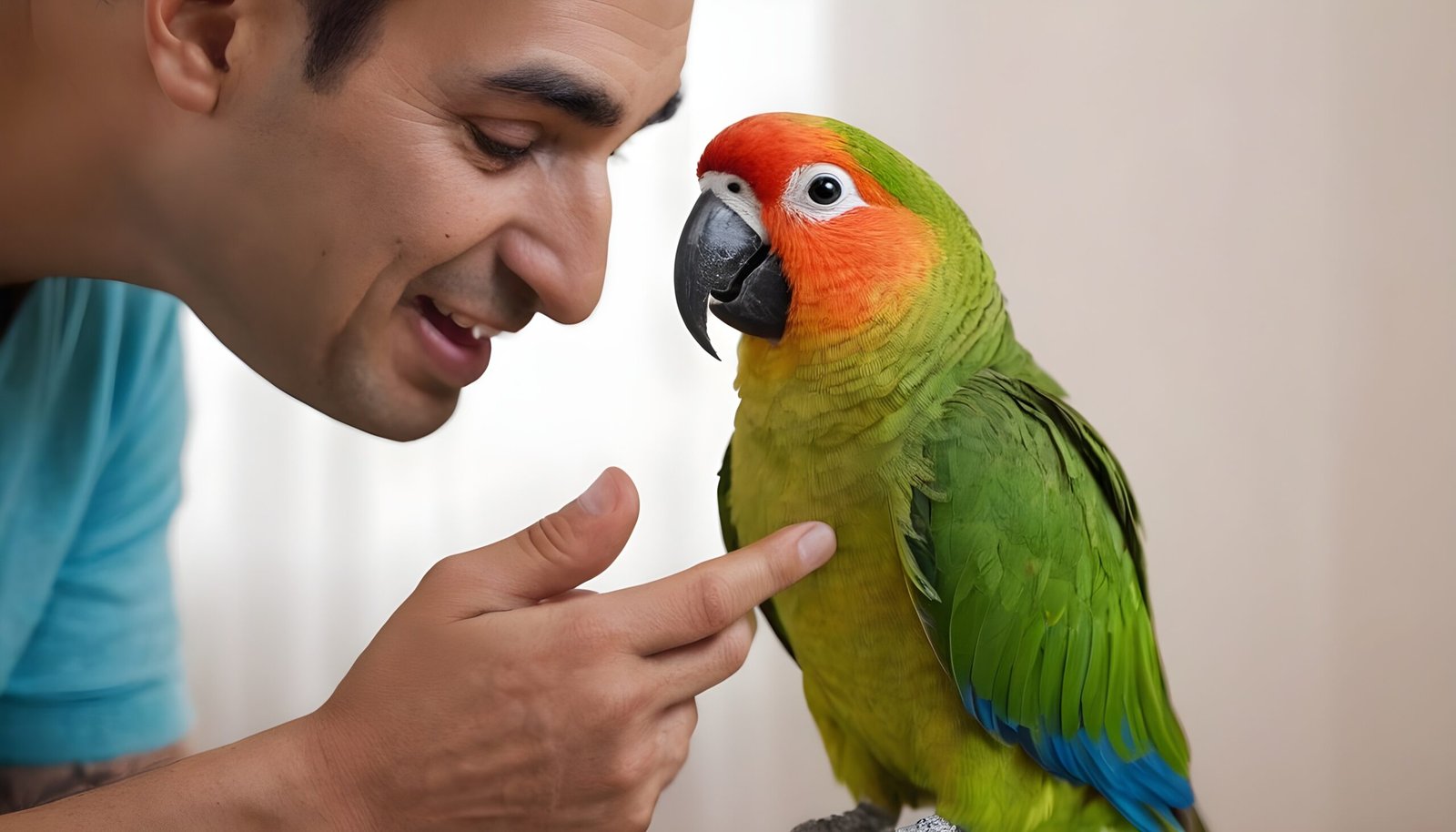 Colorful conure parrot with owner