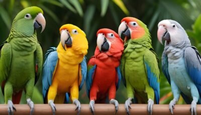 Colorful parrots perched on a branch, with its beak open as if speaking.