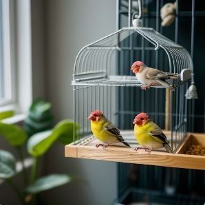 Finch in Apartment - A charming finch perched happily in its cage inside an apartment