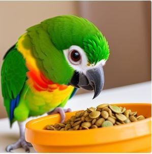 Green cheeked conure with its morning diet,