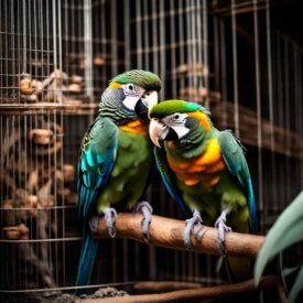 pinous parrots as pets inside the cage.