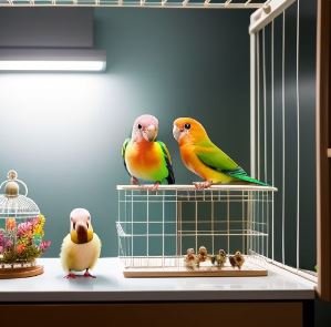 Lovebird in Apartment - A pair of colorful lovebirds perched happily in their cage in an apartment setting.