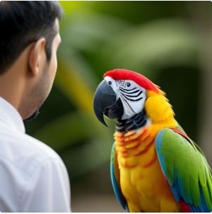 A colorful parrot perched on a branch, mimicking a human gesture.