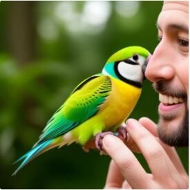 Image of a Quaker parakeet bonding with its owner.
