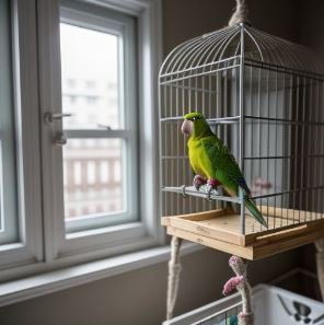 Quaker Parrot in Apartment - A charming Quaker parrot perched inside its cage in a cozy apartment setting