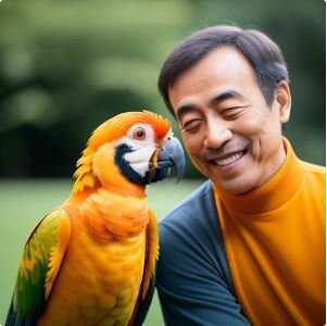 A photo of a person laughing while a Sun Conure perches on their shoulder, both engaged in conversation.