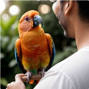 Sun Conure Talking and Laughing - Image depicts a colorful Sun Conure perched on a branch, engaged in animated conversation.