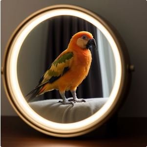 A colorful Sun Conure looking at its reflection in a mirror.