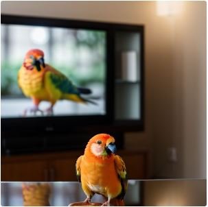 Sun Conure Talking: This colorful sun conure is captivated by a video.