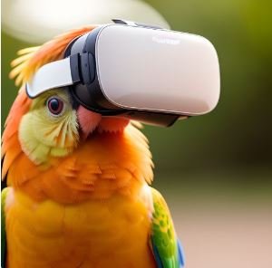 A Sun Conure wearing virtual reality goggles.