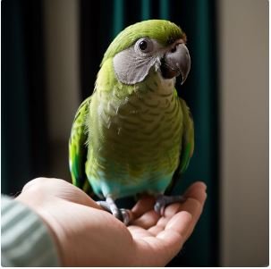 Turquoise green cheeked conure on owner's hand.