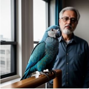 A blue Quaker parrot sitting on a perch, talking to its owner.