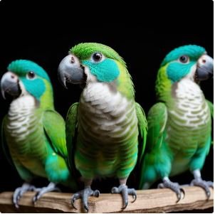  Multiple Green Cheeked Conure Turquoise birds posing against a dark background