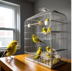 Canary in Apartment - A beautiful yellow canary perched inside its cage in a cozy apartment setting
