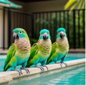 Multiple Green Cheeked Conure turquoise posing for the camera on a poolside.
