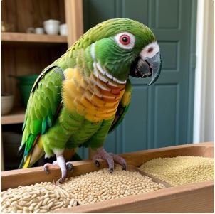 Green cheeked conure diet: enjoying, cooked grains.