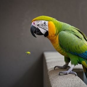 "Colorful parrot eating a pest indoors."