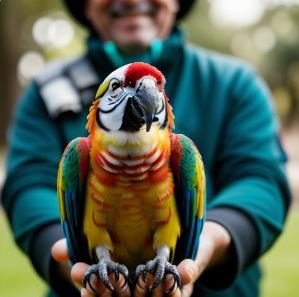 A colorful parrot perched on its owner's hand, enjoying indoor companionship.
