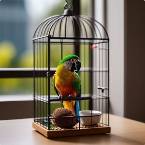 A colorful parrot sits inside a cage.