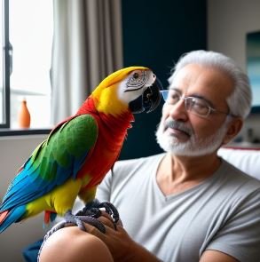 A vibrant parrot happily sits on its owner's hand, enjoying being an indoor pet.