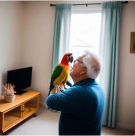 A man playing with his colorful pet parrot indoors.