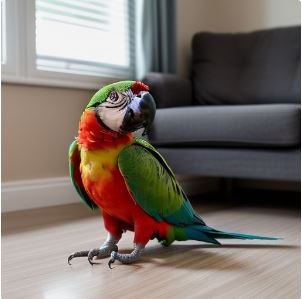 A vibrant parrot perched on a branch inside an apartment, symbolizing that parrots make useful indoor pets