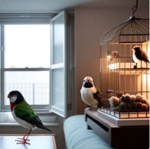 "Best Pet Bird Breeds for Apartment Living - A colorful parakeet perched on a branch inside a cozy apartment."