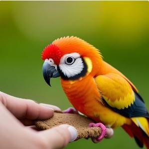 A sun conure perched on a human hand during target training.