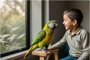 Conure talking with a boy.