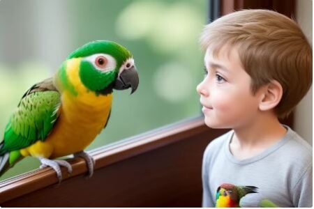 Child and yellow-sided green cheek conure.